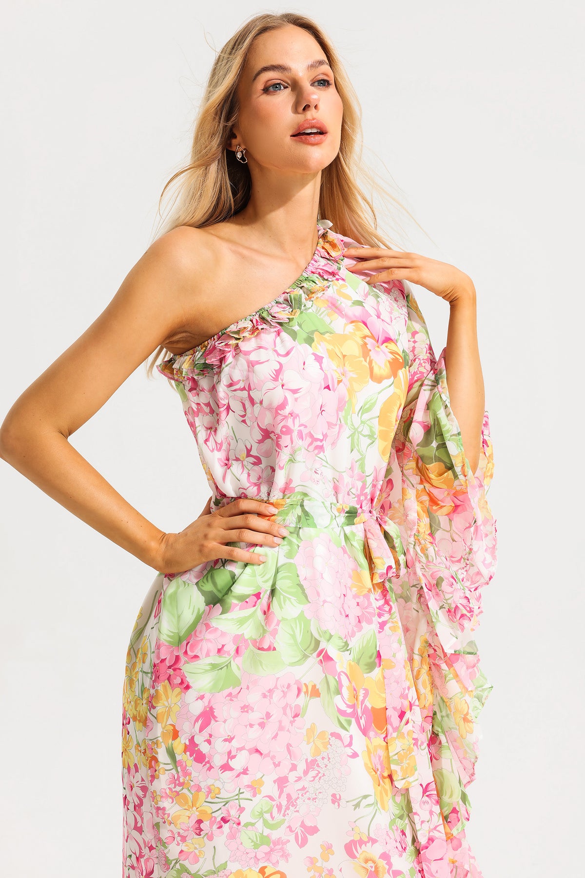 Ruffle Asymmetric One Shoulder Midi Dress