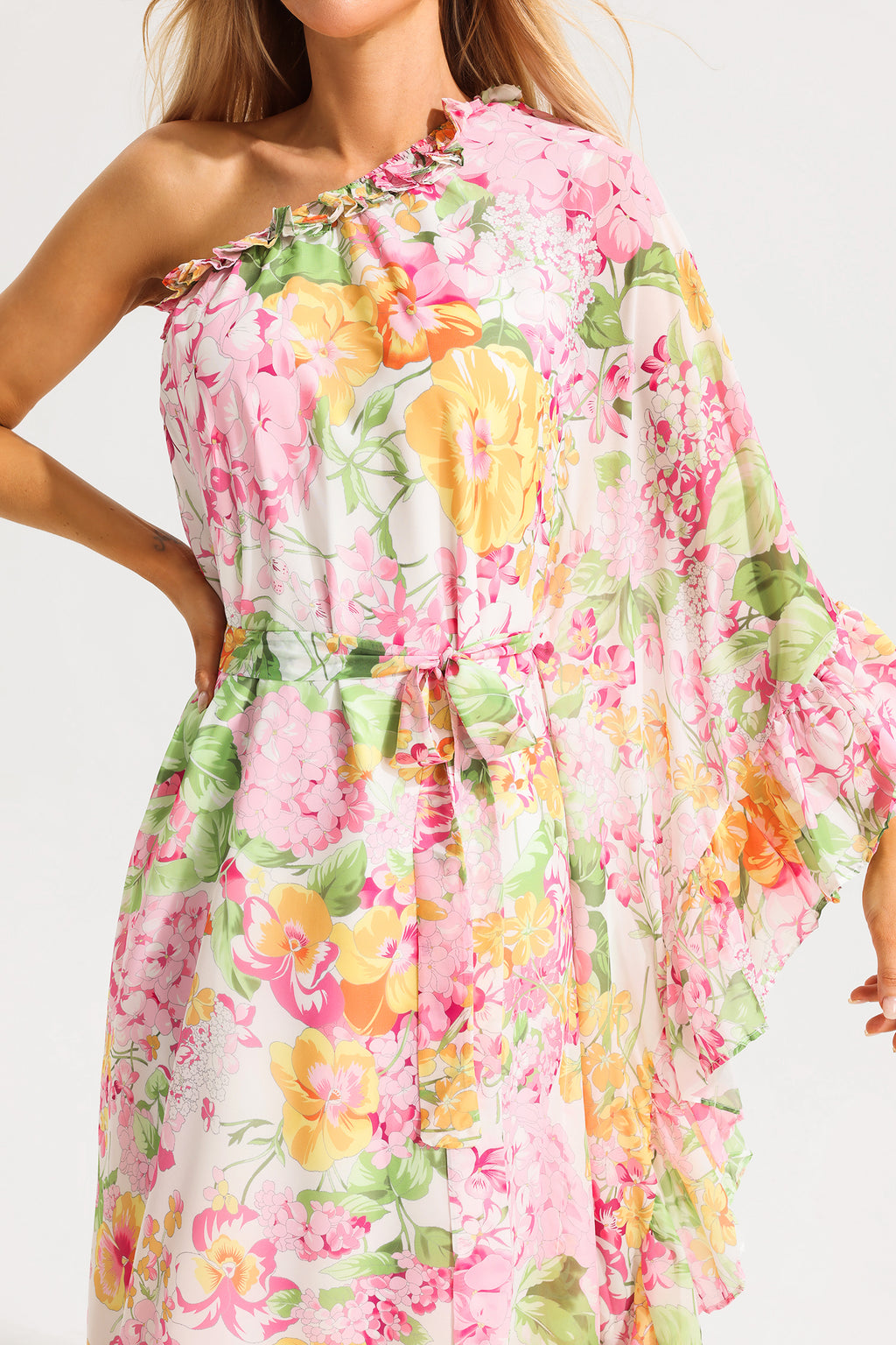 Ruffle Asymmetric One Shoulder Midi Dress