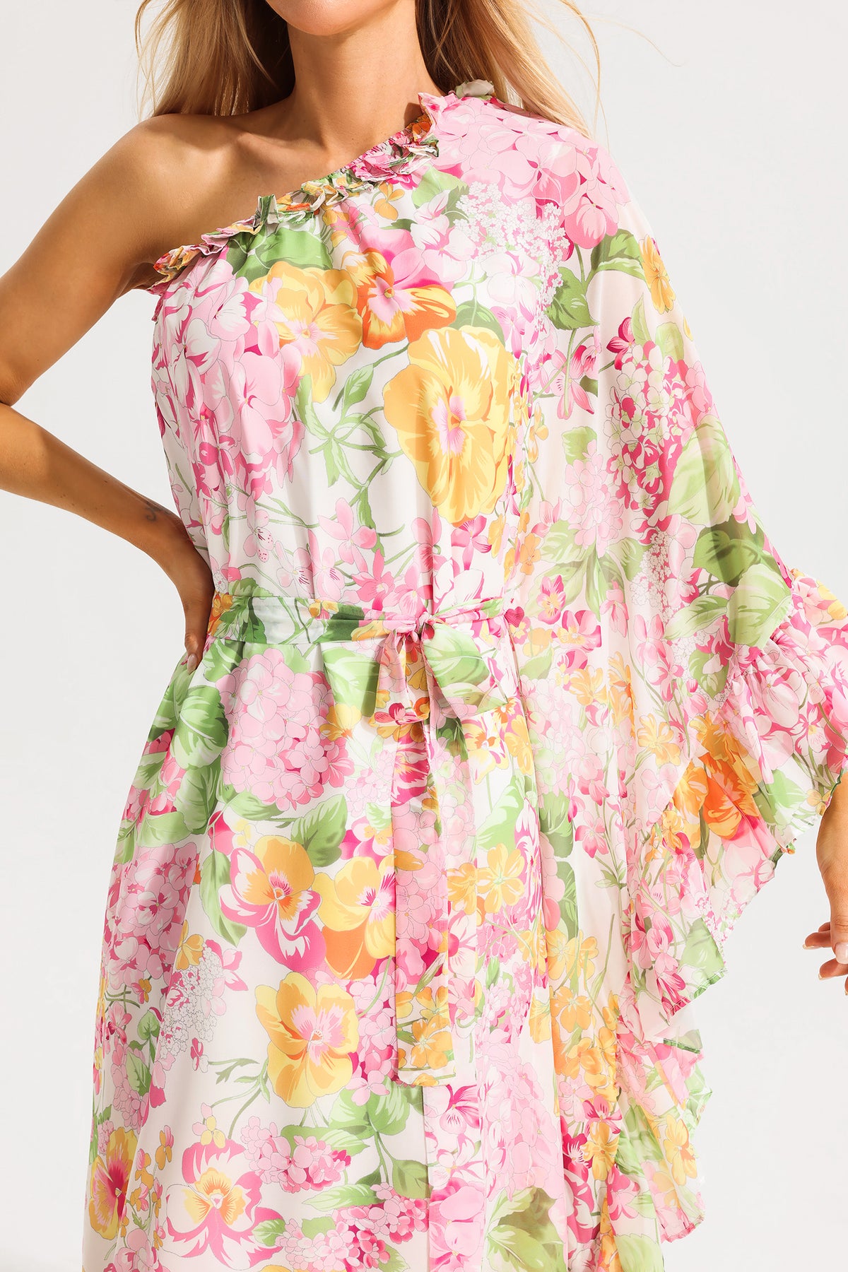 Ruffle Asymmetric One Shoulder Midi Dress