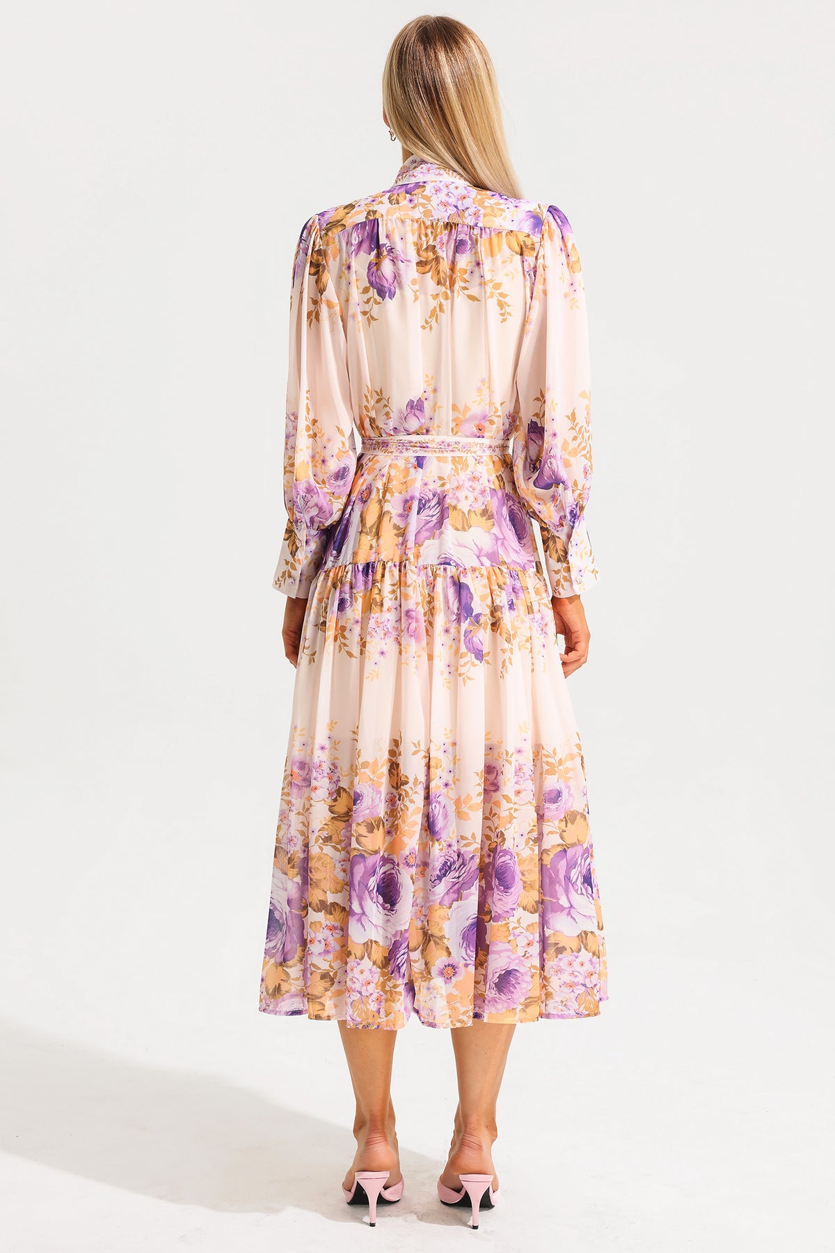 Stand Collar Puff Sleeve Maxi Dress