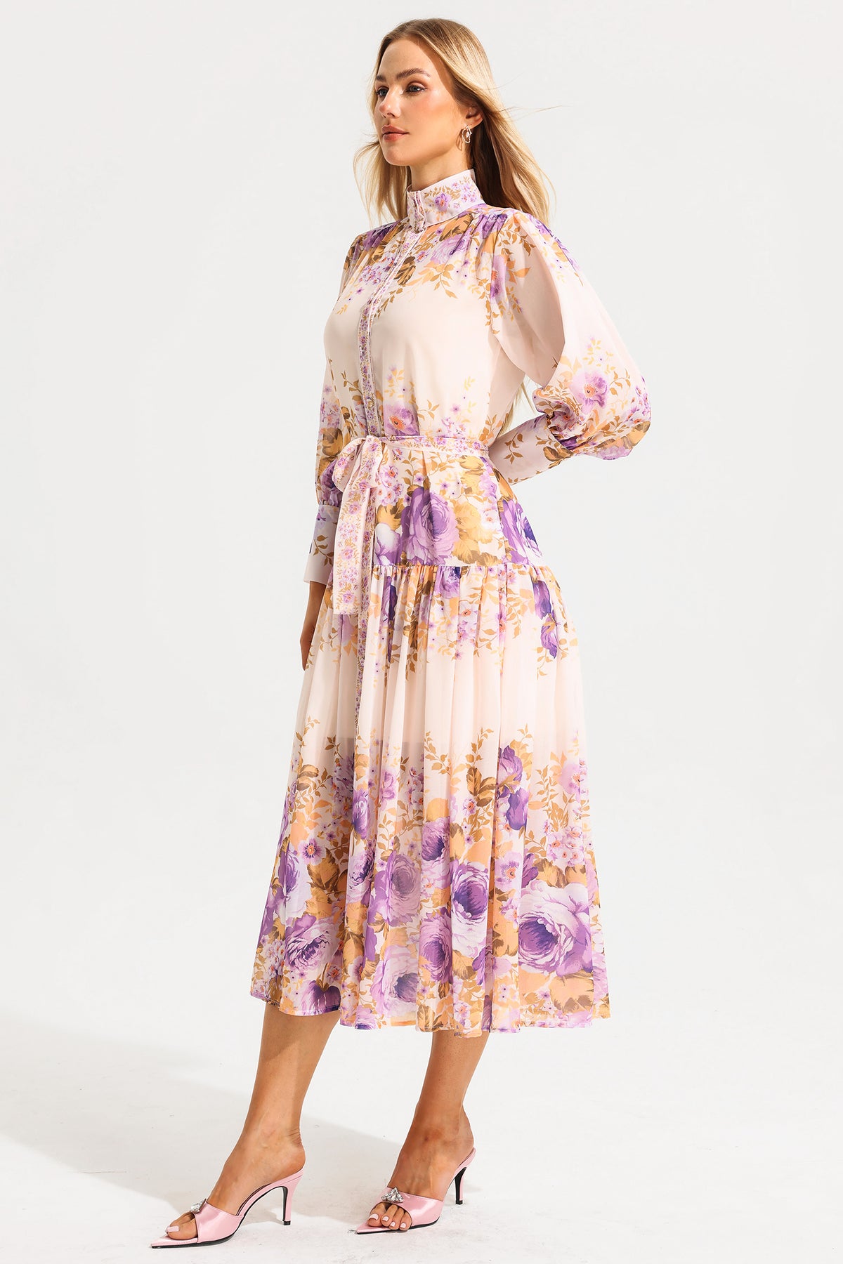 Stand Collar Puff Sleeve Maxi Dress