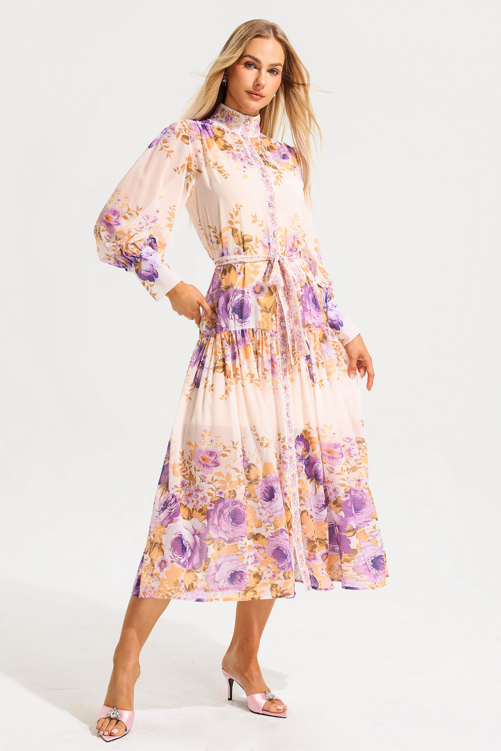 Stand Collar Puff Sleeve Maxi Dress