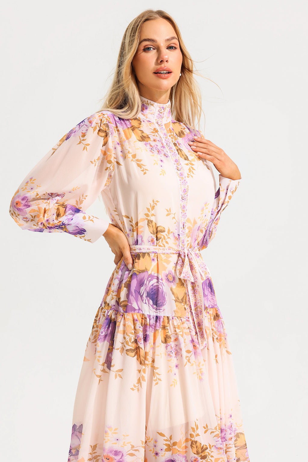 Stand Collar Puff Sleeve Maxi Dress