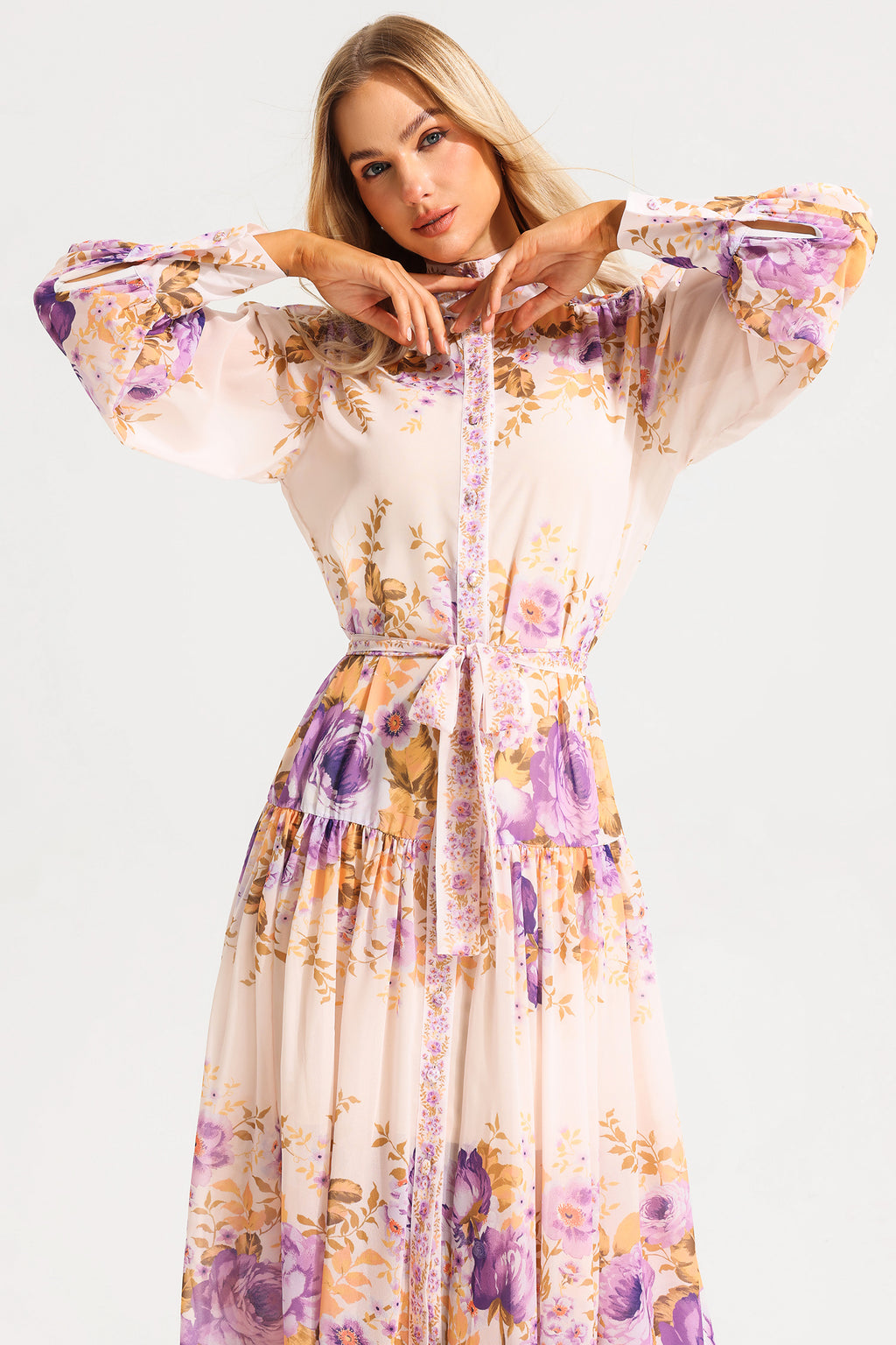 Stand Collar Puff Sleeve Maxi Dress