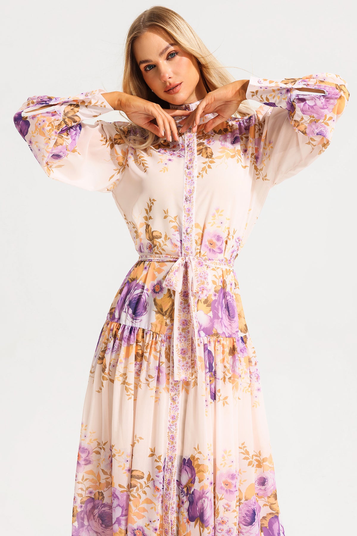 Stand Collar Puff Sleeve Maxi Dress