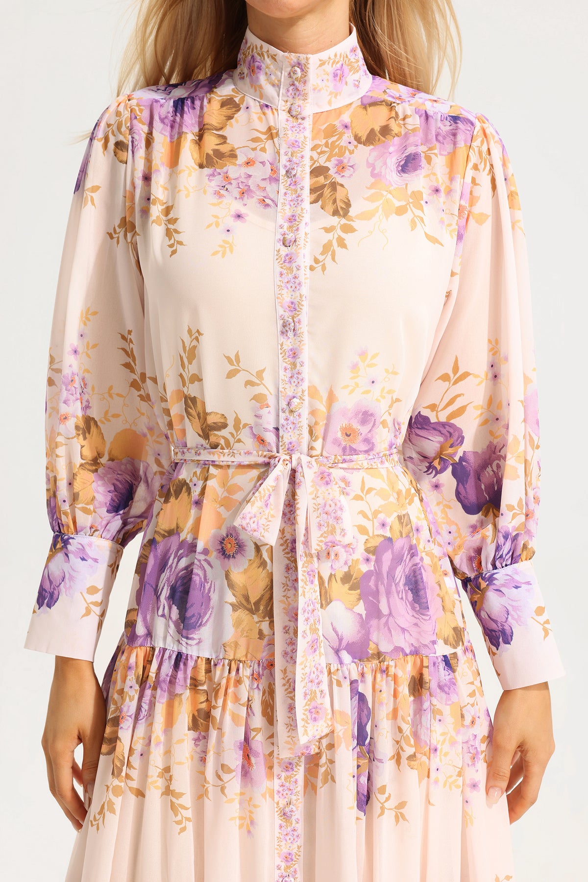 Stand Collar Puff Sleeve Maxi Dress