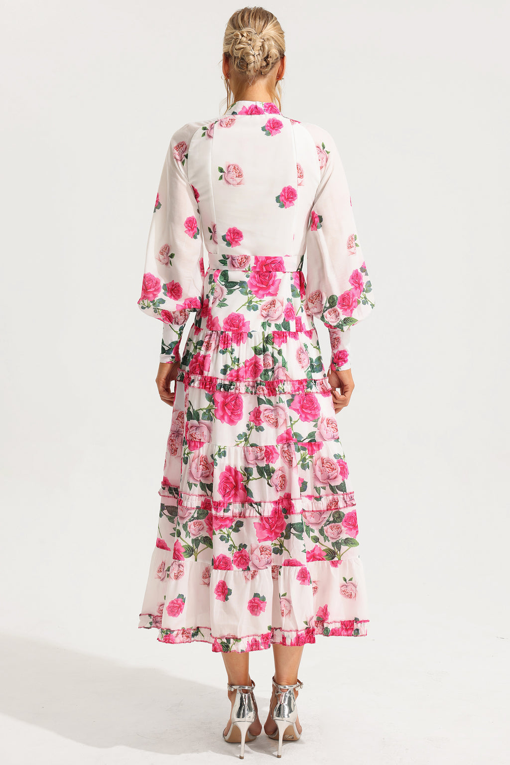 Stand Collar Lantern Sleeve Midi Dress With Belt
