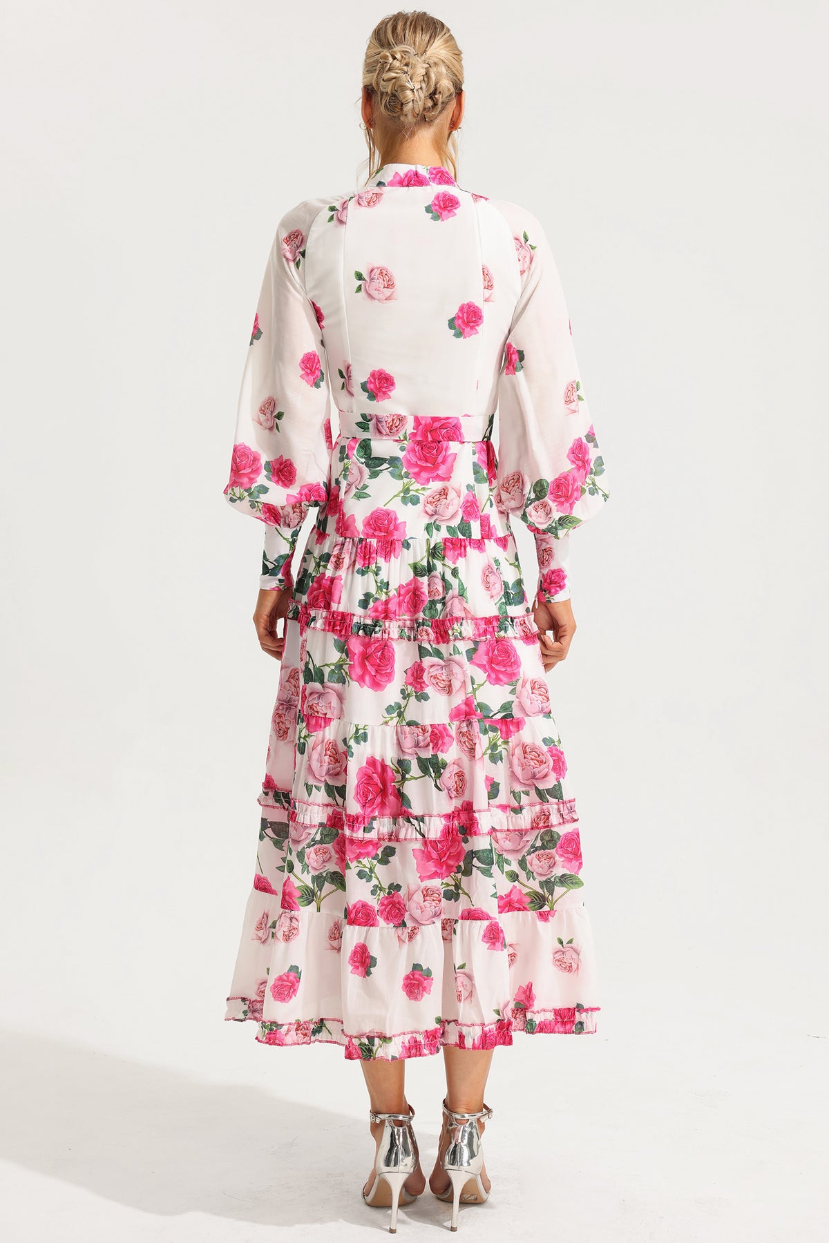 Stand Collar Lantern Sleeve Midi Dress With Belt