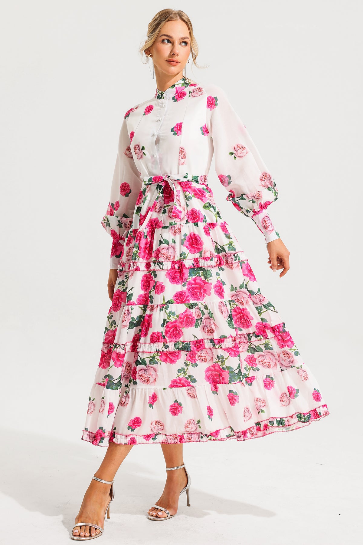 Stand Collar Lantern Sleeve Midi Dress With Belt