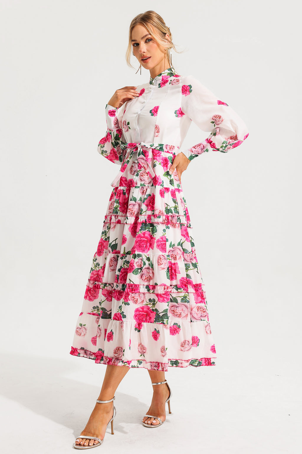 Stand Collar Lantern Sleeve Midi Dress With Belt