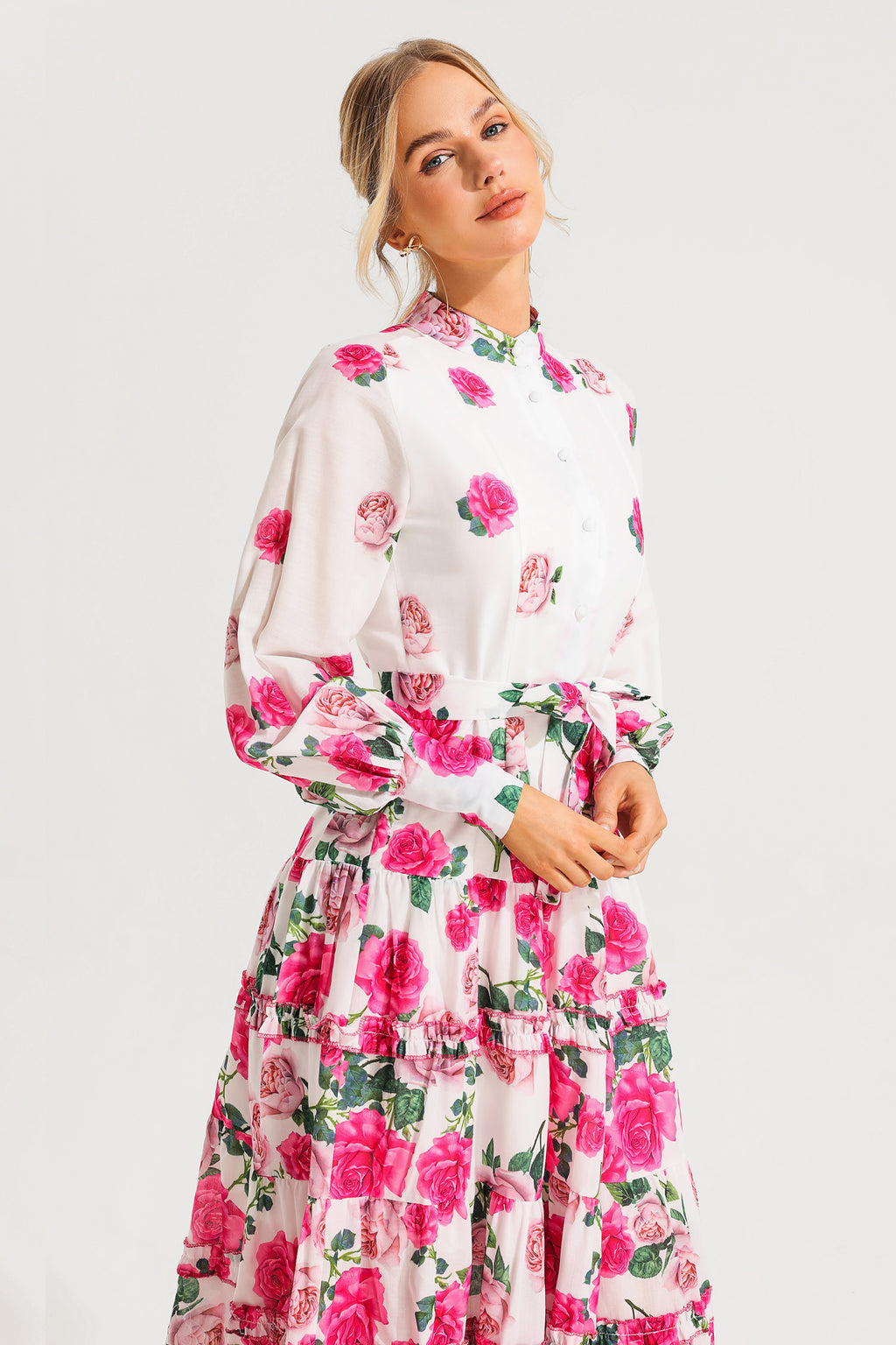 Stand Collar Lantern Sleeve Midi Dress With Belt