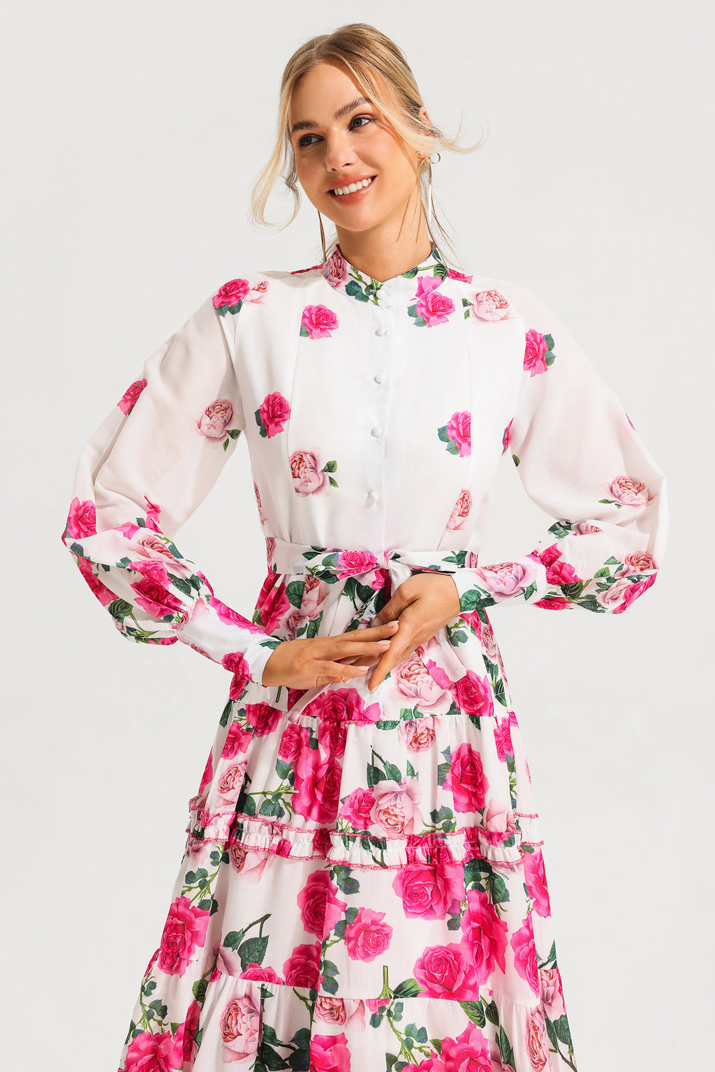 Stand Collar Lantern Sleeve Midi Dress With Belt