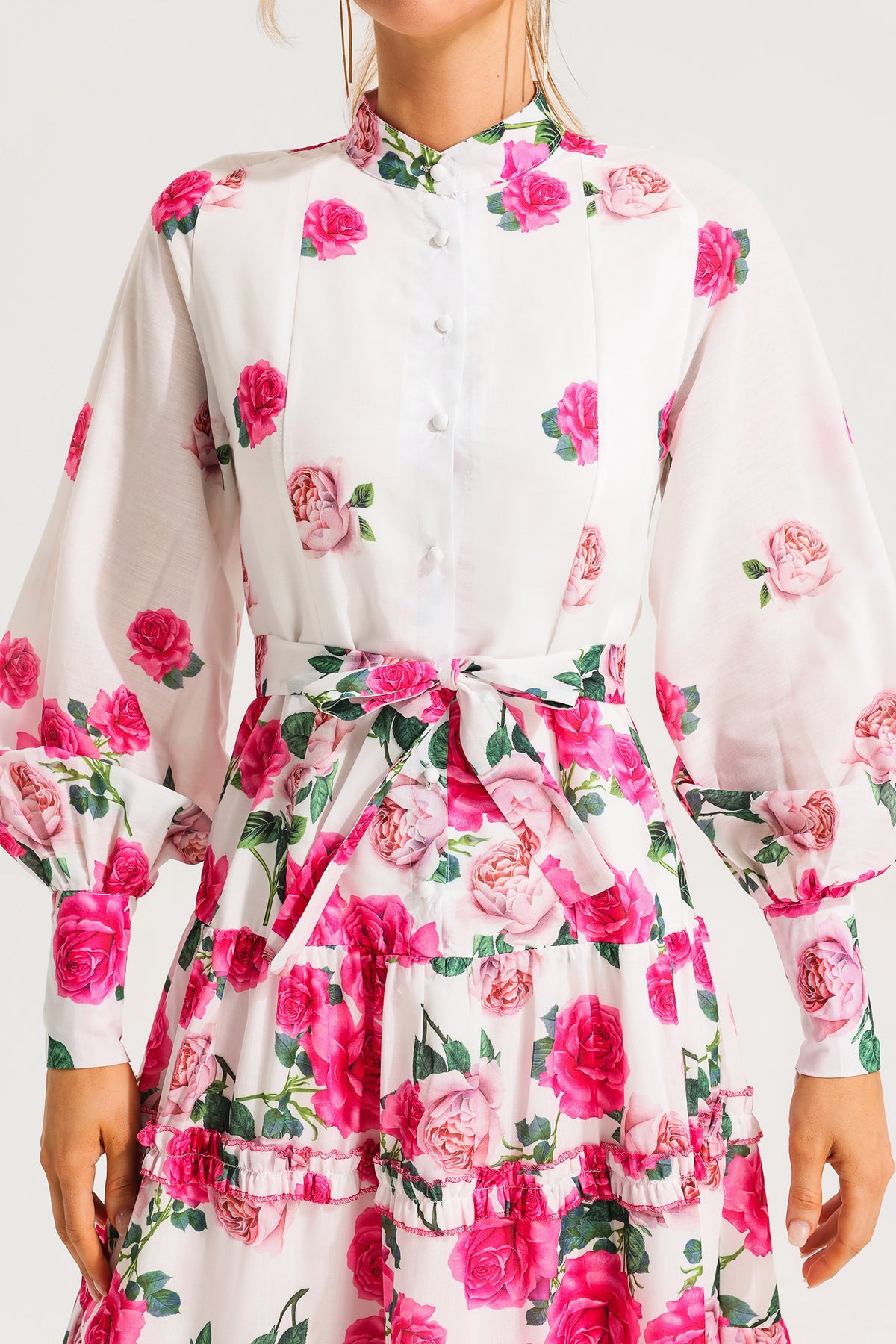 Stand Collar Lantern Sleeve Midi Dress With Belt