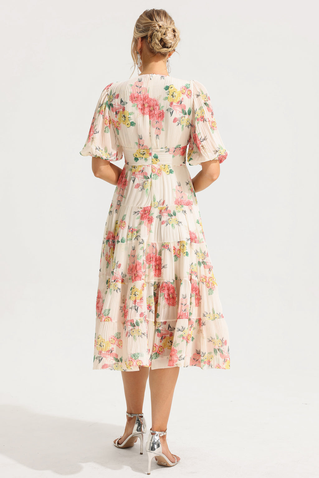 Puff Sleeve Pleat Midi Dress
