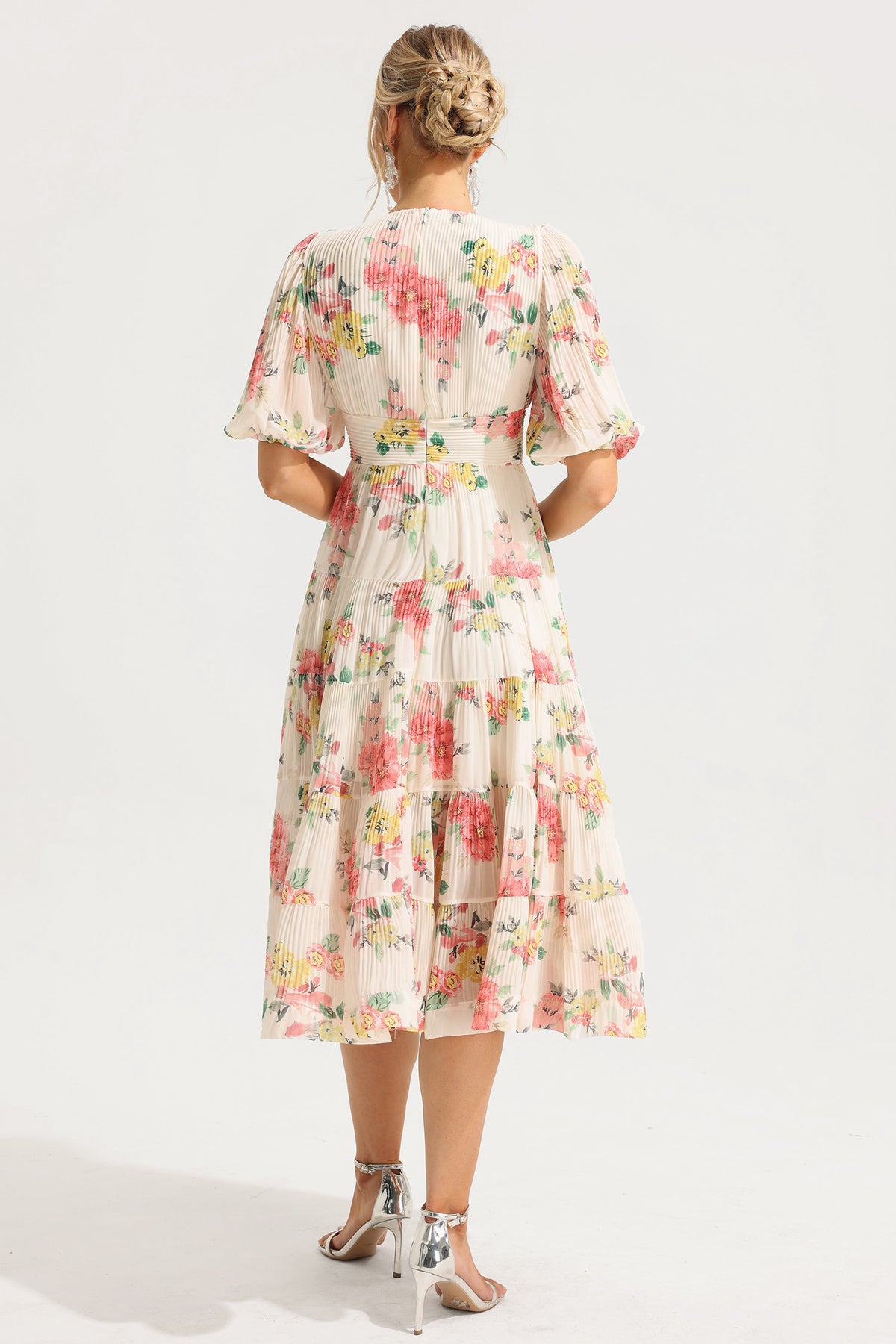 Puff Sleeve Pleat Midi Dress