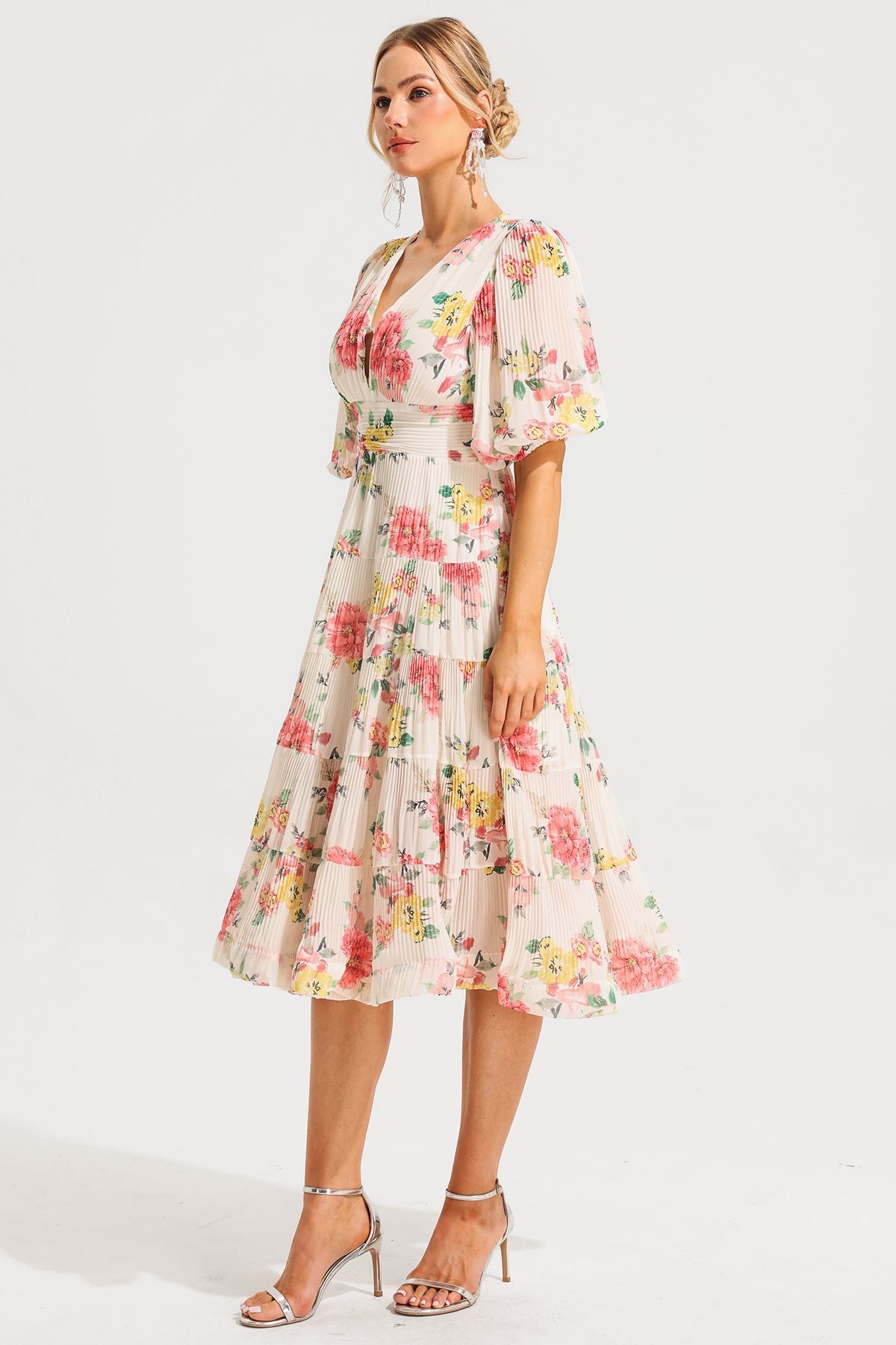Puff Sleeve Pleat Midi Dress