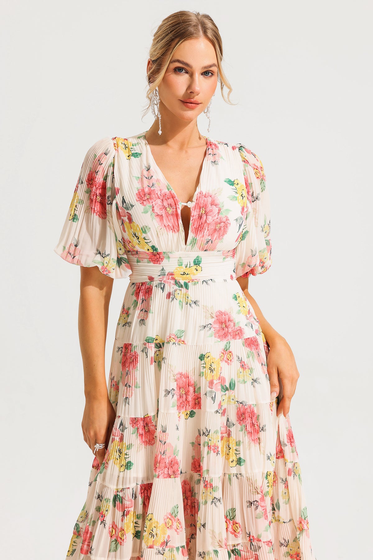 Puff Sleeve Pleat Midi Dress