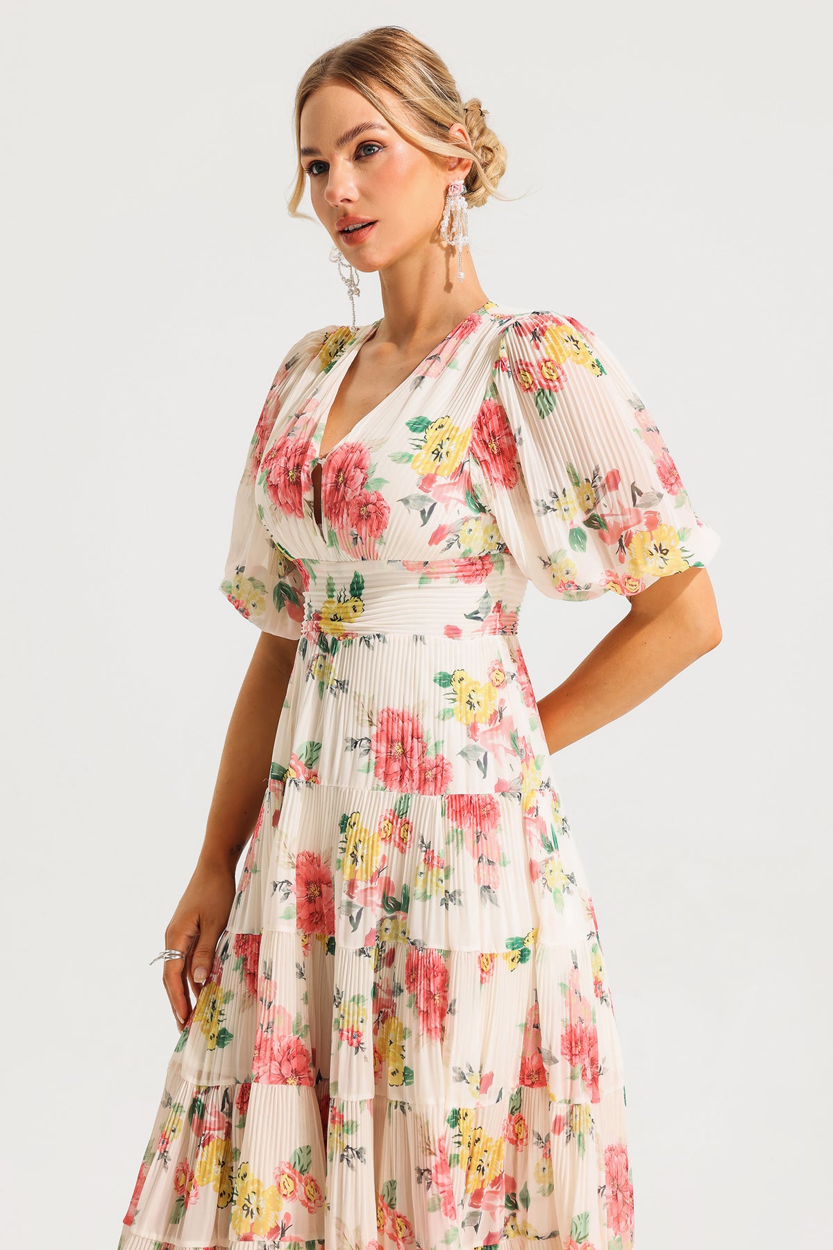 Puff Sleeve Pleat Midi Dress