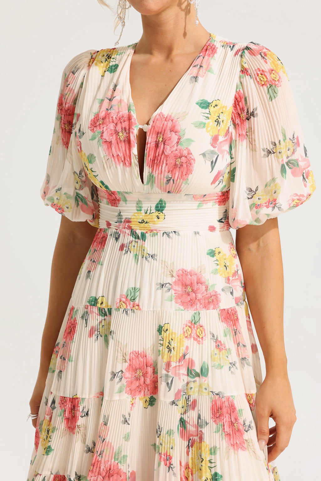 Puff Sleeve Pleat Midi Dress