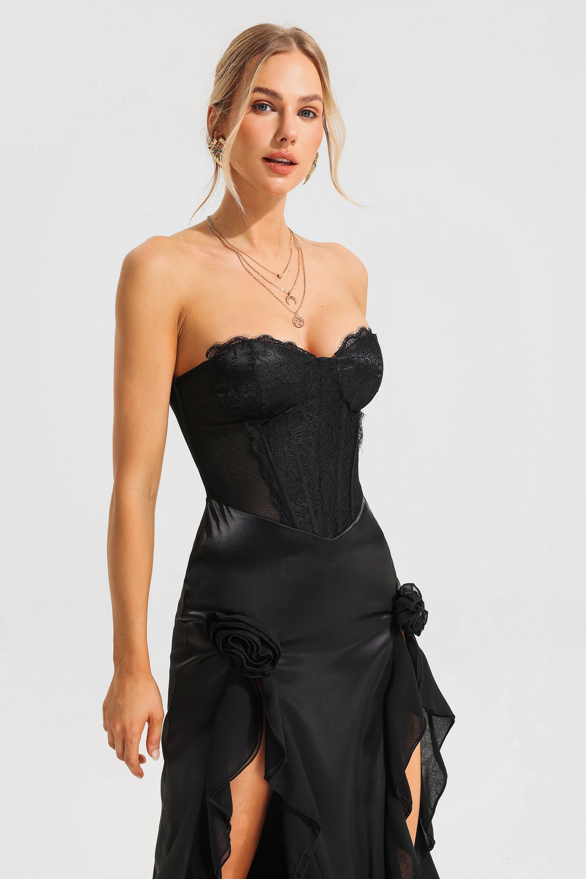 Satin Lace 3d Split Maxi Dress