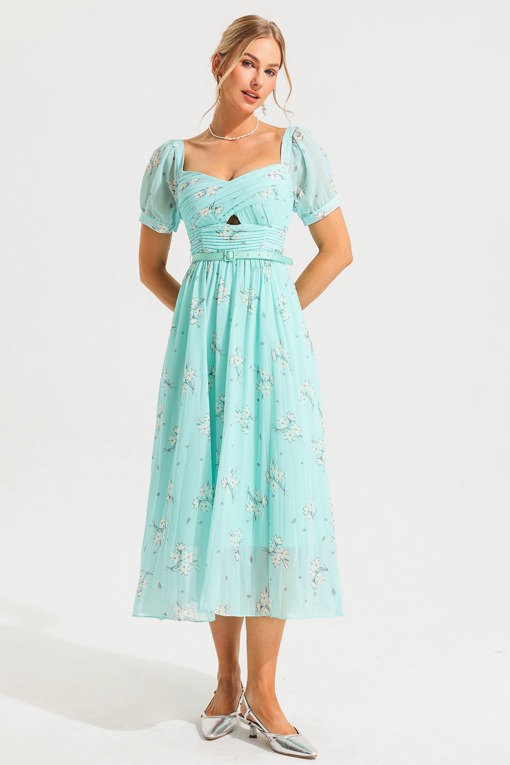 Square Collar Pleated Midi Dress With Belt
