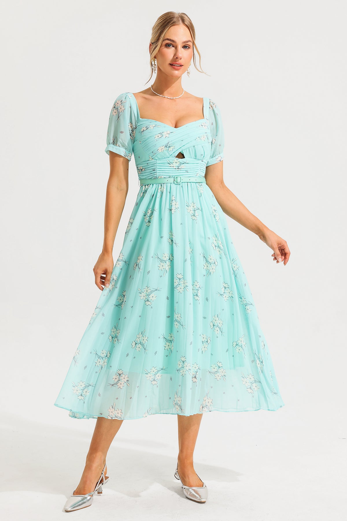 Square Collar Pleated Midi Dress With Belt