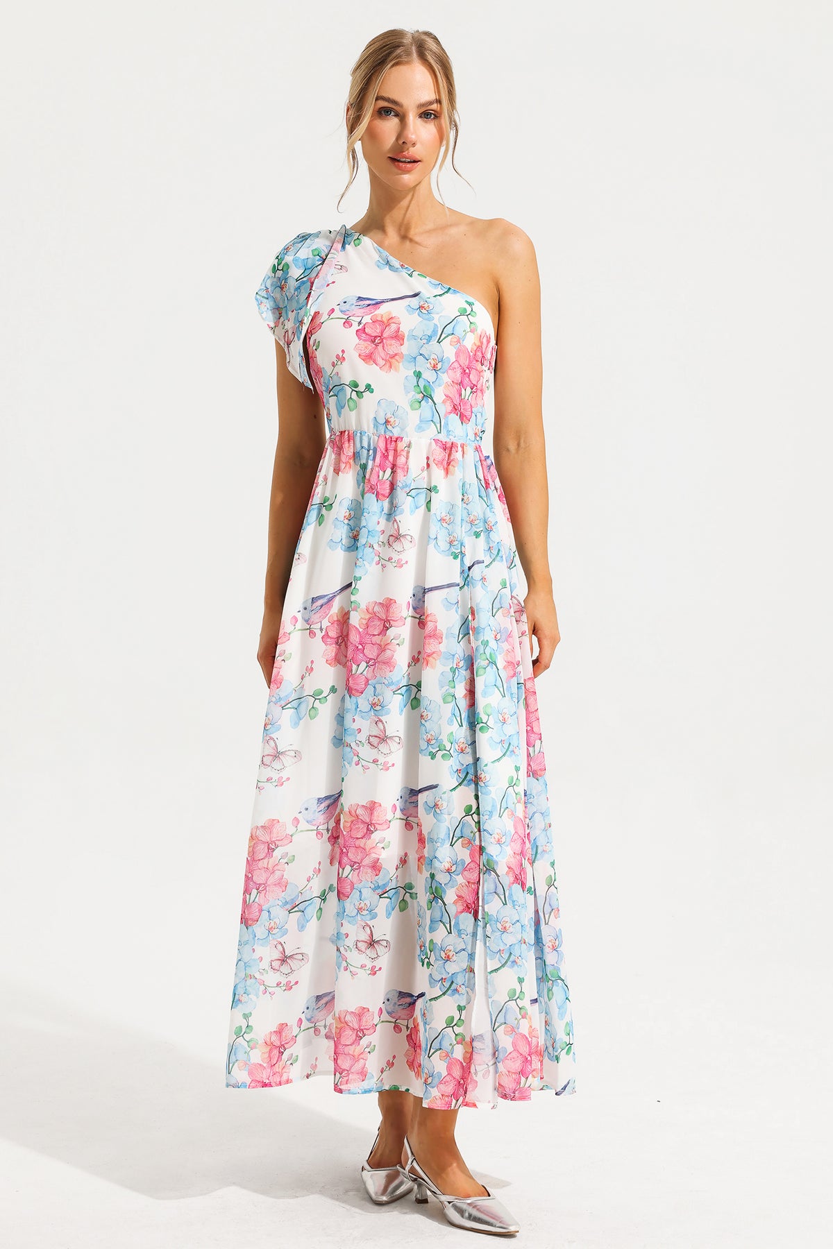 One Shoulder Split Midi Dress