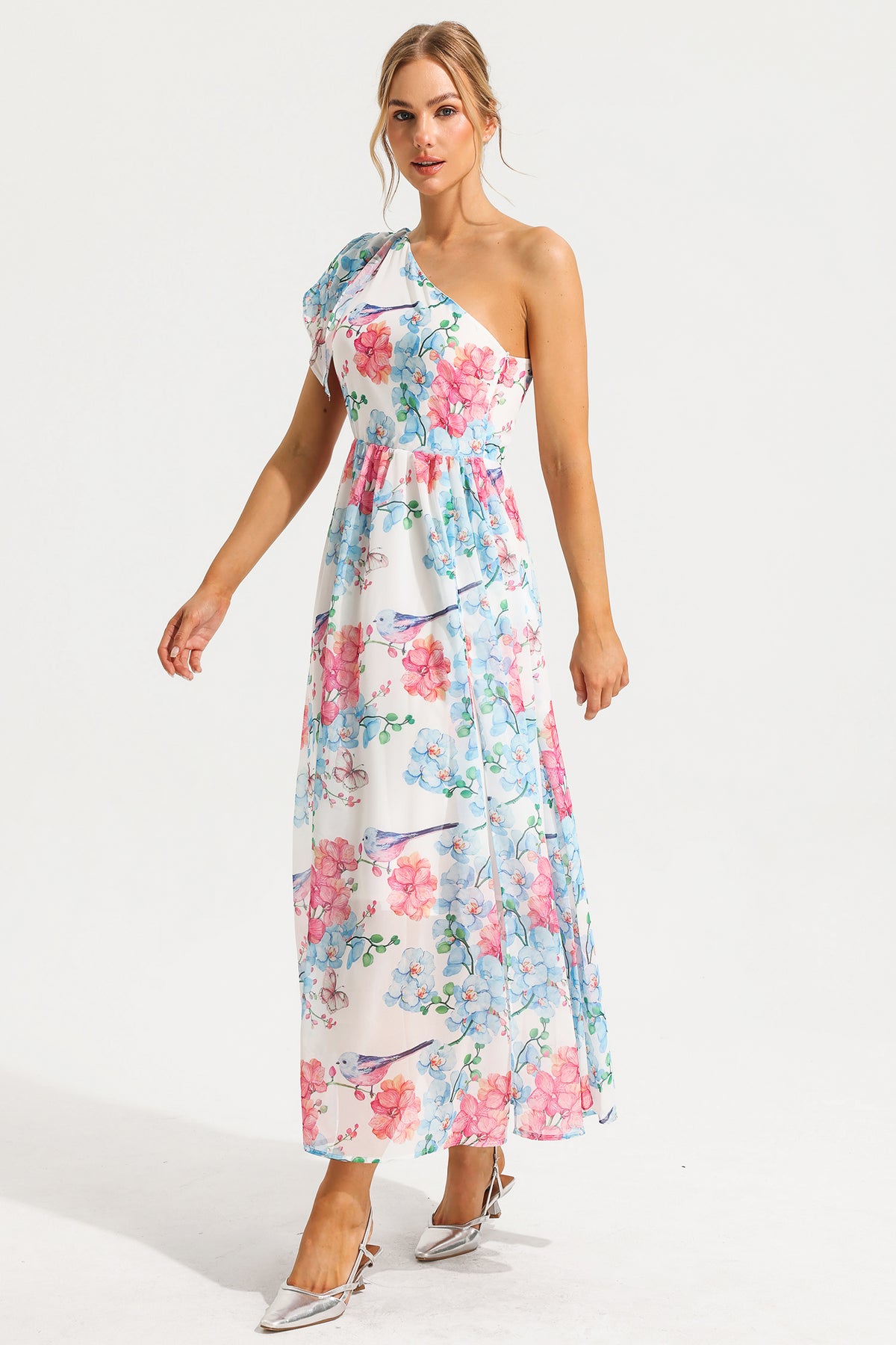 One Shoulder Split Midi Dress