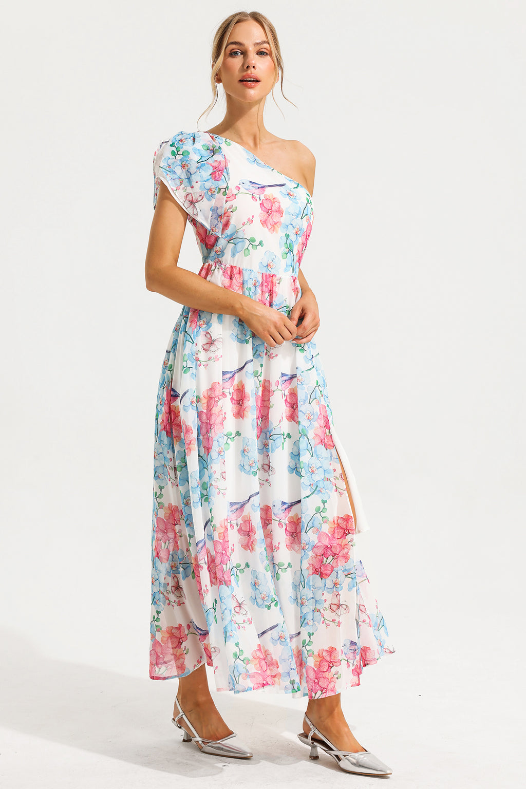 One Shoulder Split Midi Dress