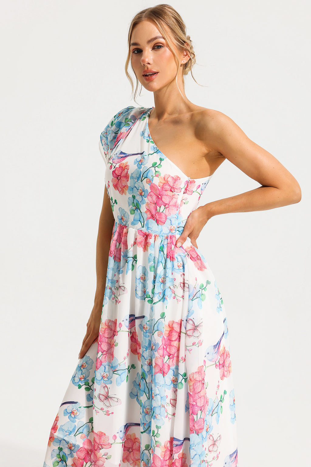 One Shoulder Split Midi Dress