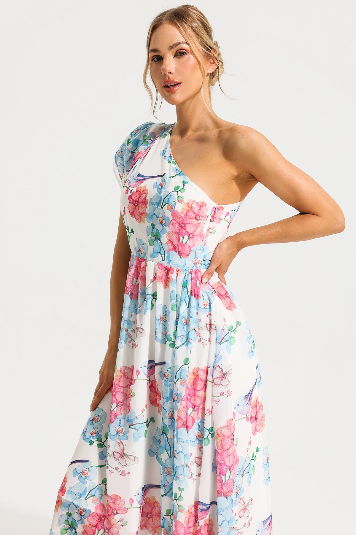 One Shoulder Split Midi Dress