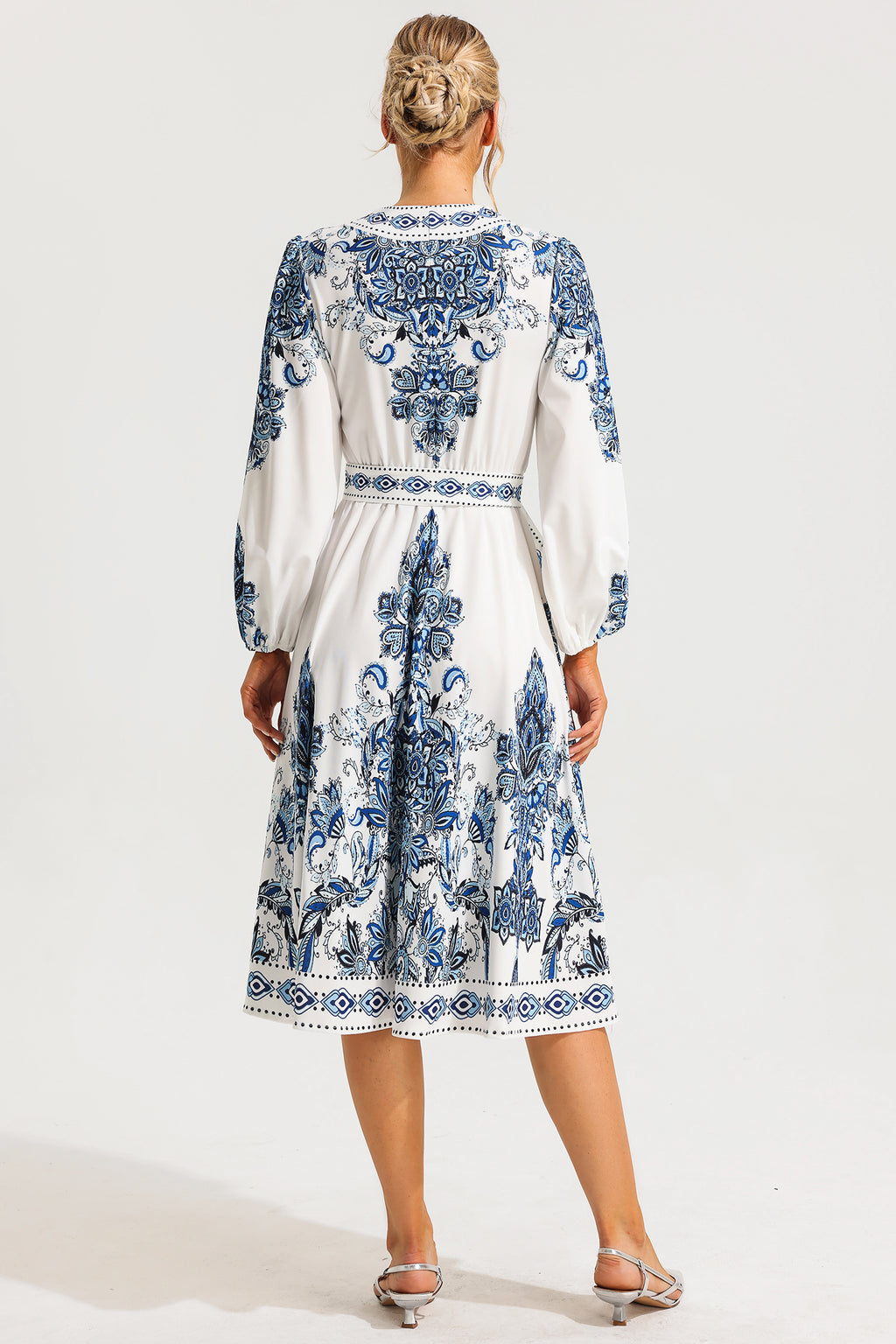 Paisley Single Breasted Long Sleeve Midi Dress With Belt