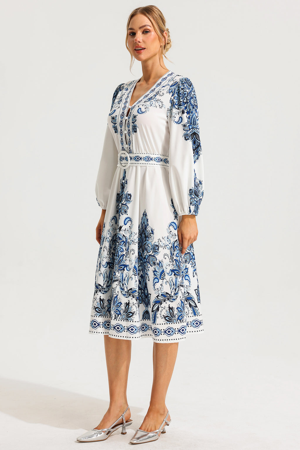 Paisley Single Breasted Long Sleeve Midi Dress With Belt