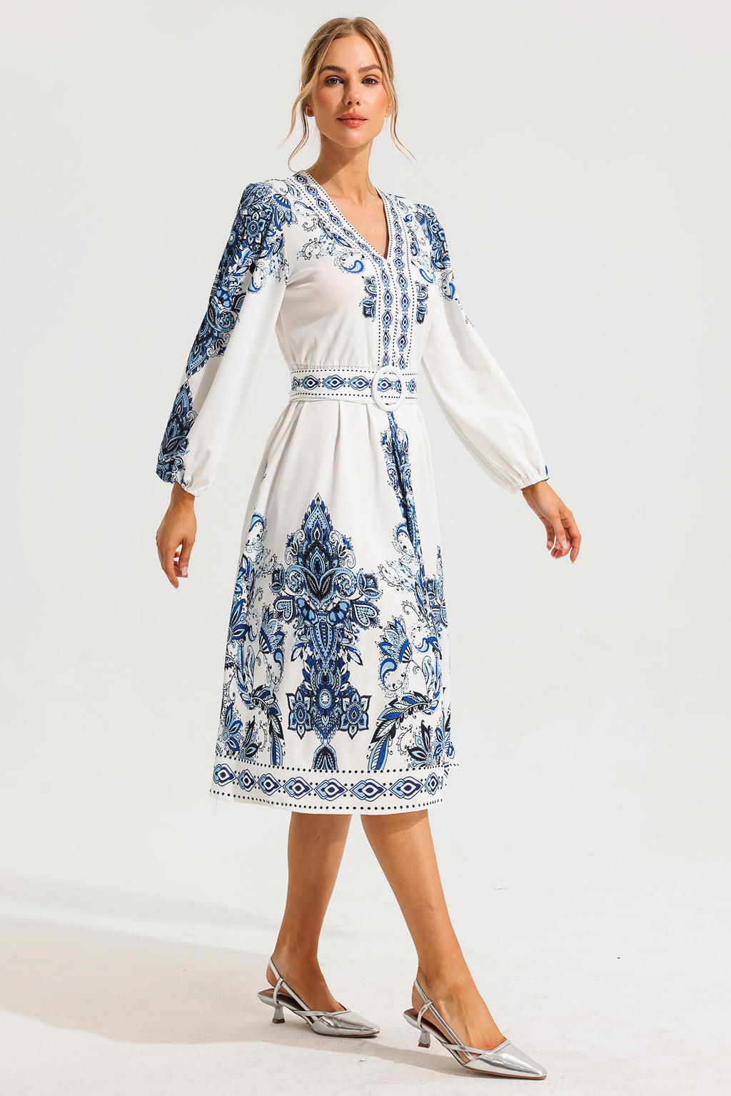 Paisley Single Breasted Long Sleeve Midi Dress With Belt