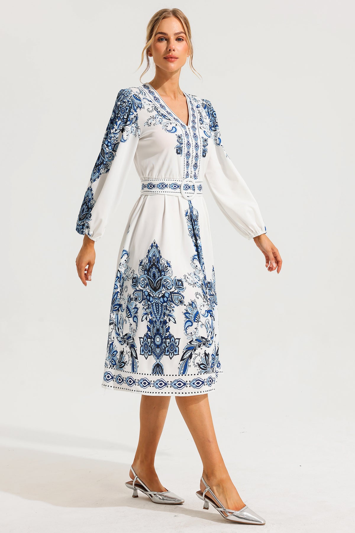 Paisley Single Breasted Long Sleeve Midi Dress With Belt