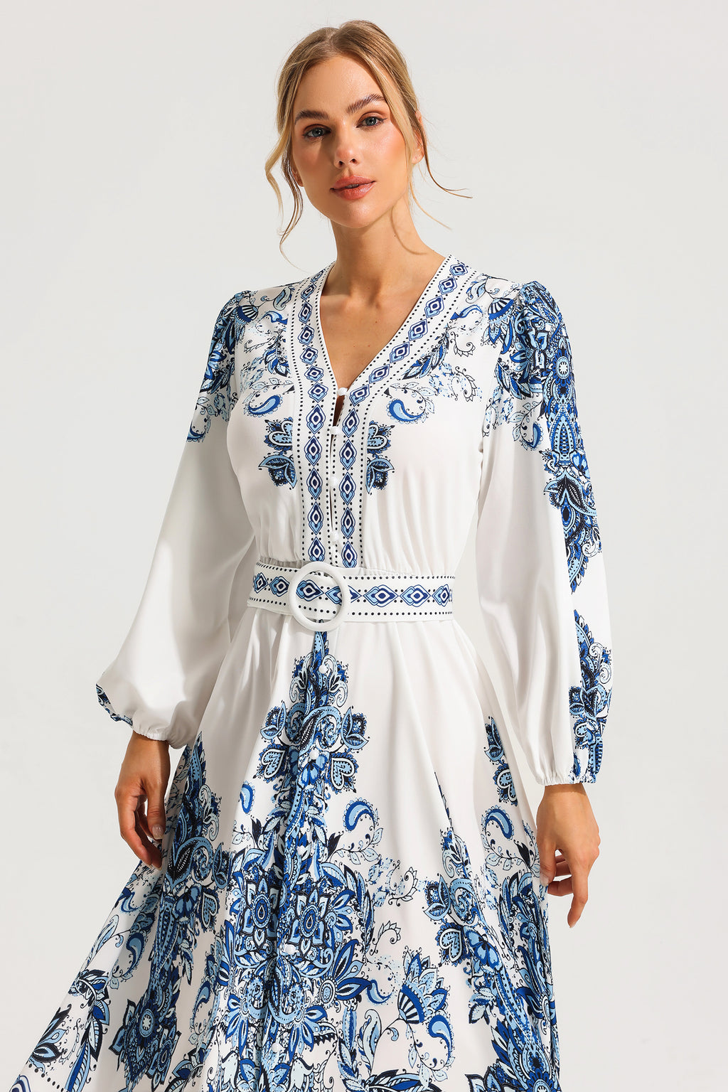 Paisley Single Breasted Long Sleeve Midi Dress With Belt
