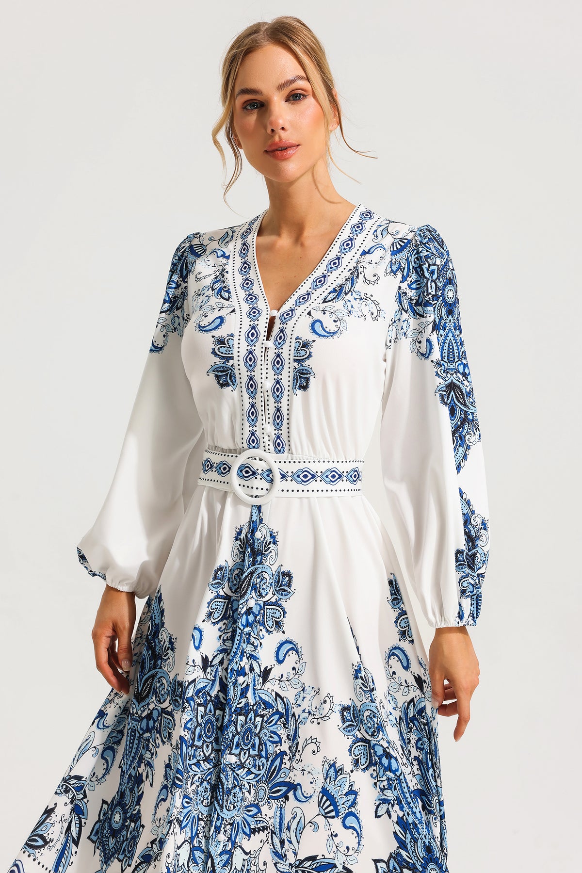 Paisley Single Breasted Long Sleeve Midi Dress With Belt