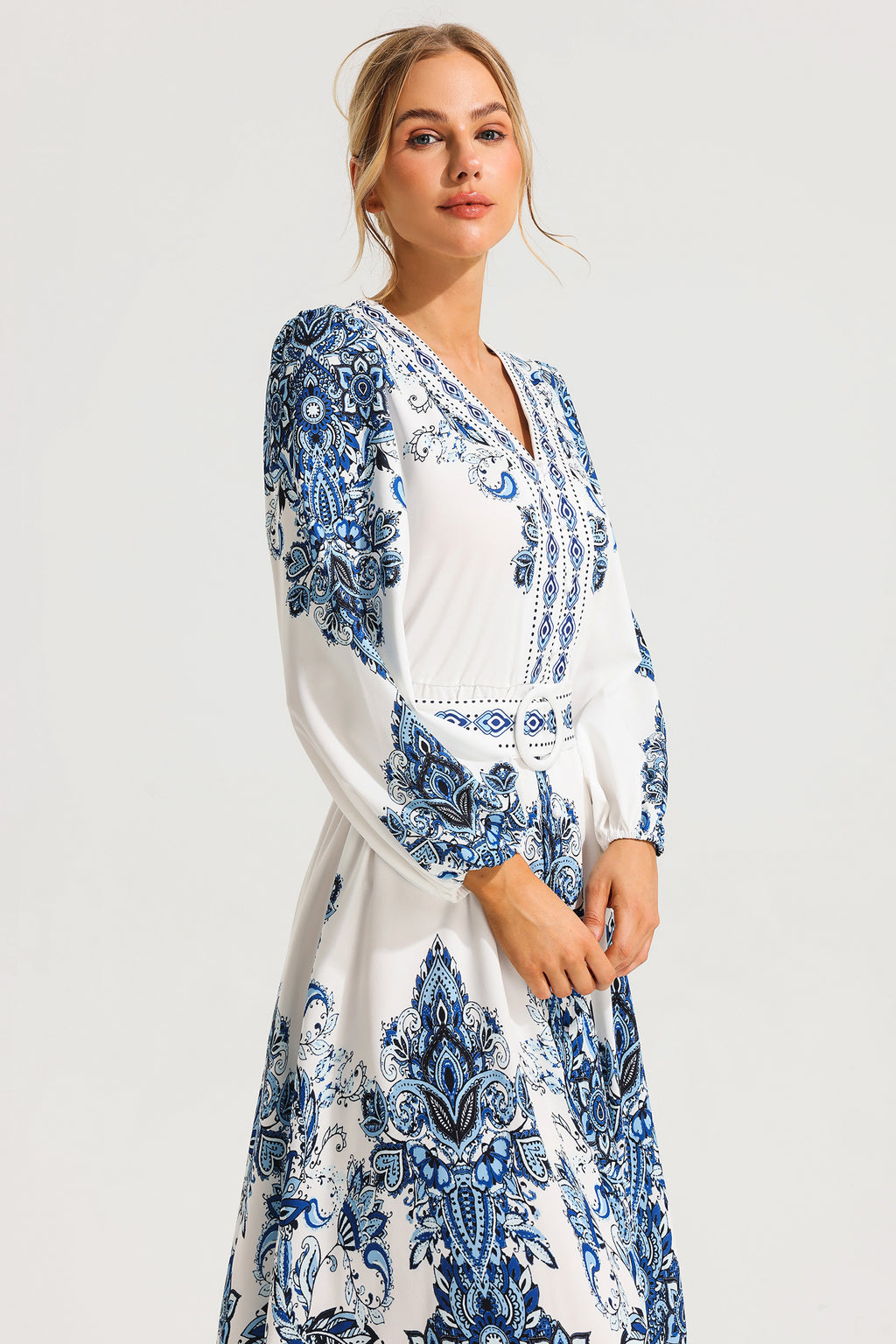 Paisley Single Breasted Long Sleeve Midi Dress With Belt