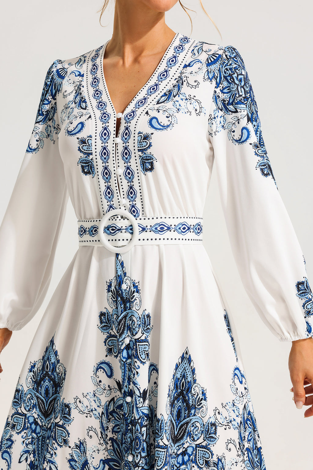 Paisley Single Breasted Long Sleeve Midi Dress With Belt