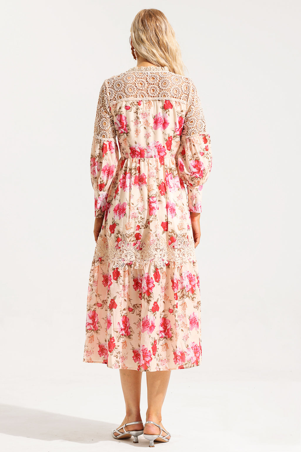 Lace Lantern Sleeve Midi Dress
