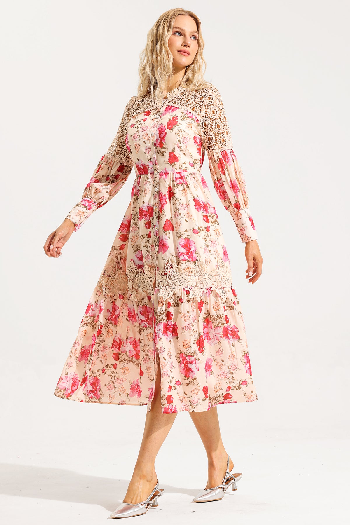 Lace Lantern Sleeve Midi Dress