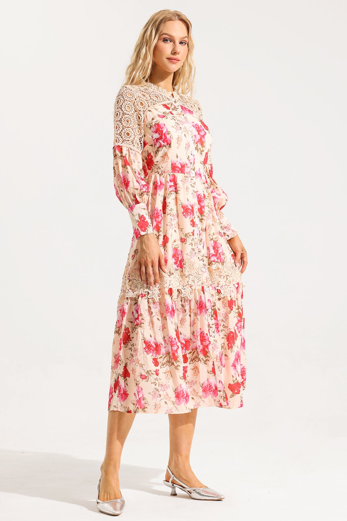 Lace Lantern Sleeve Midi Dress