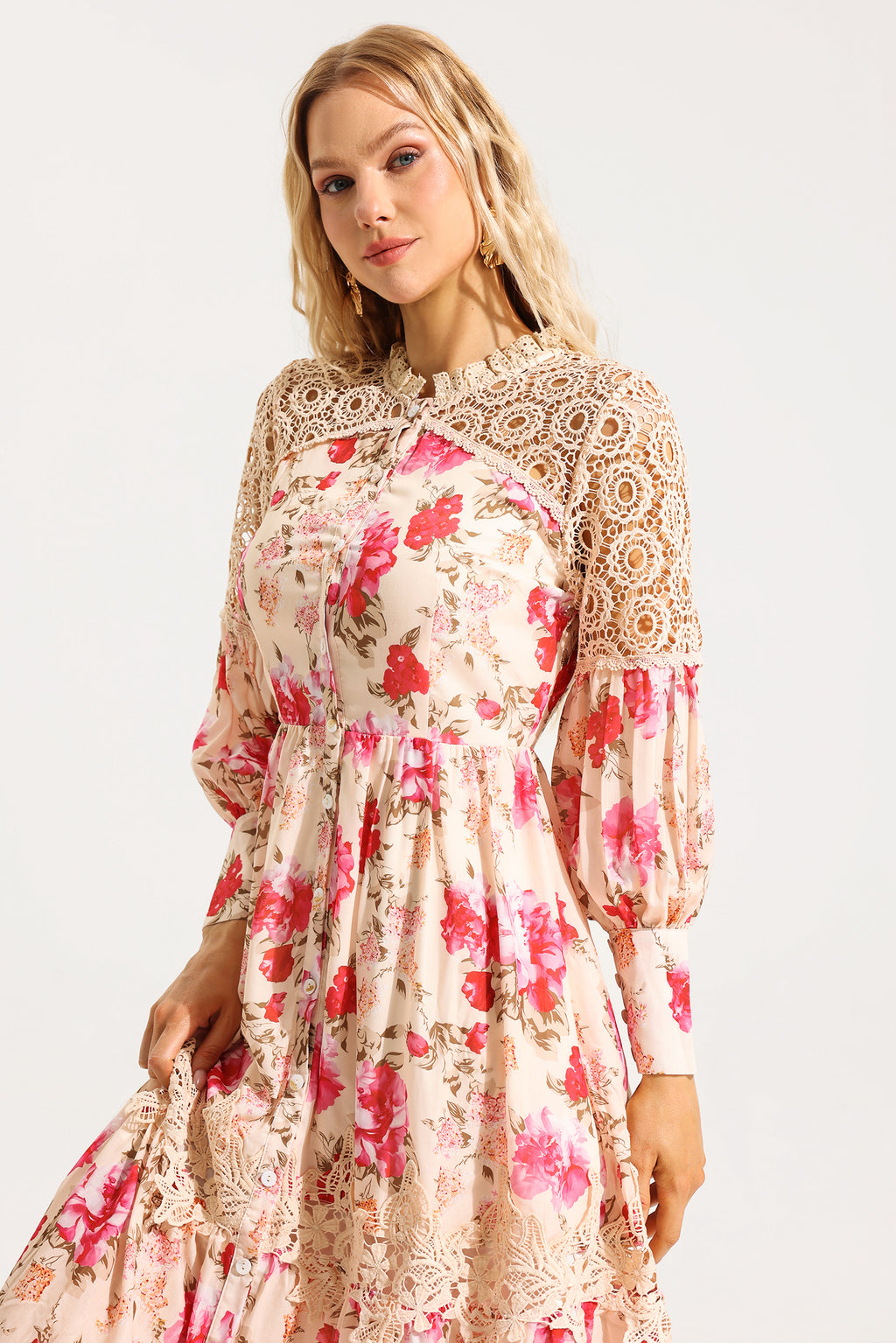 Lace Lantern Sleeve Midi Dress