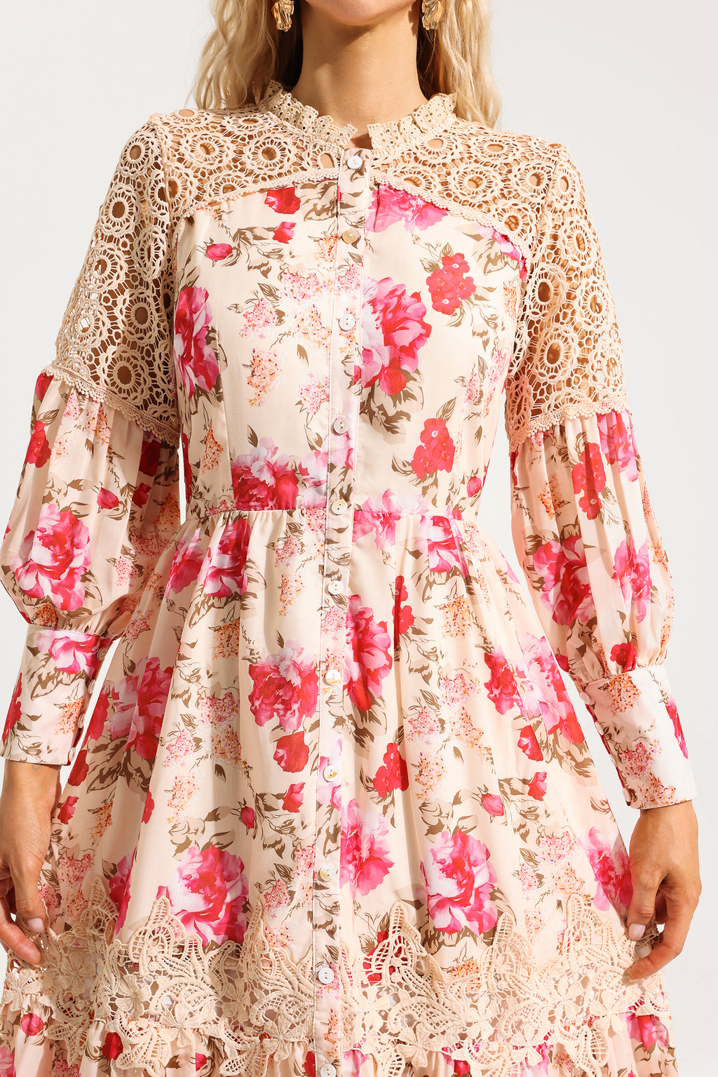 Lace Lantern Sleeve Midi Dress