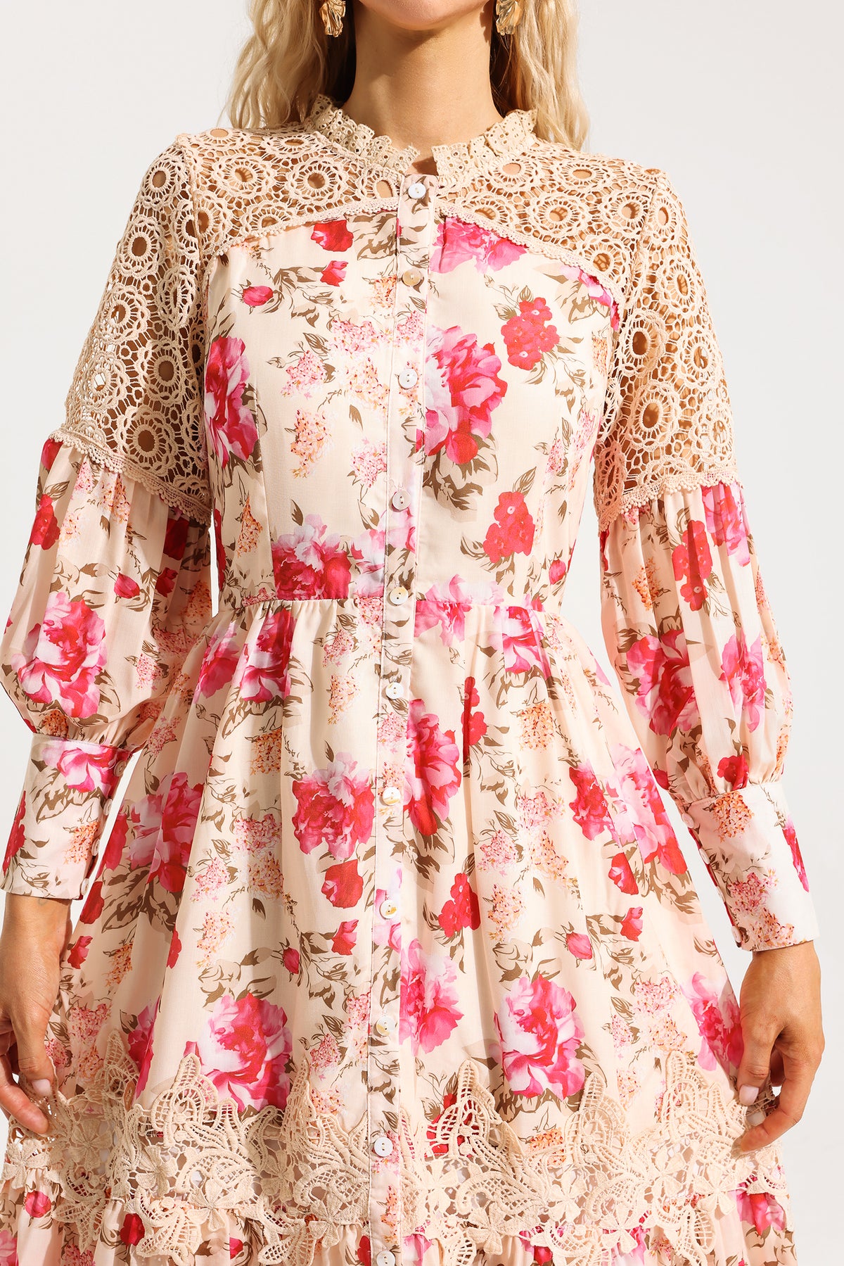 Lace Lantern Sleeve Midi Dress
