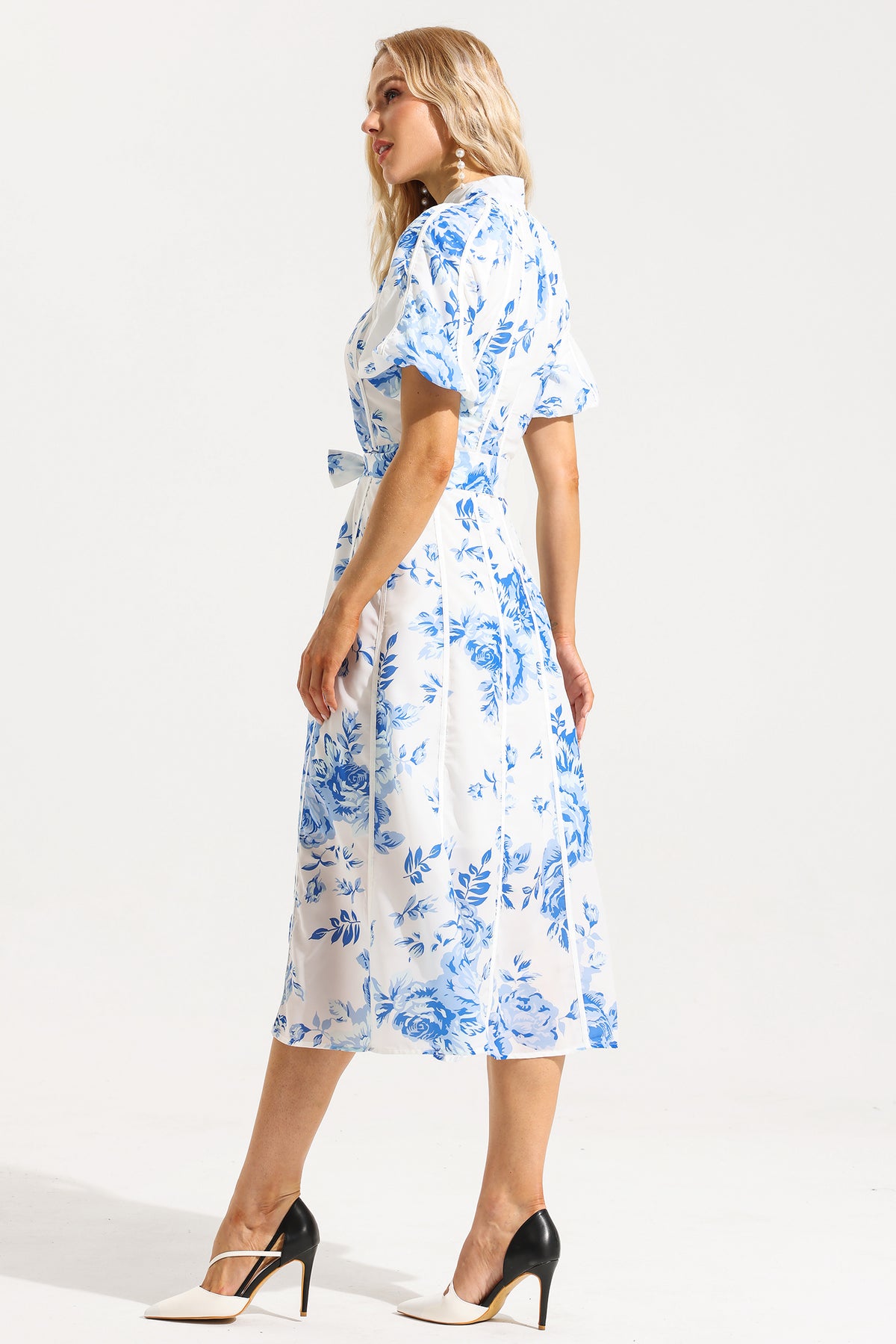 Single Breasted Puff Sleeve Midi Dress With Belt