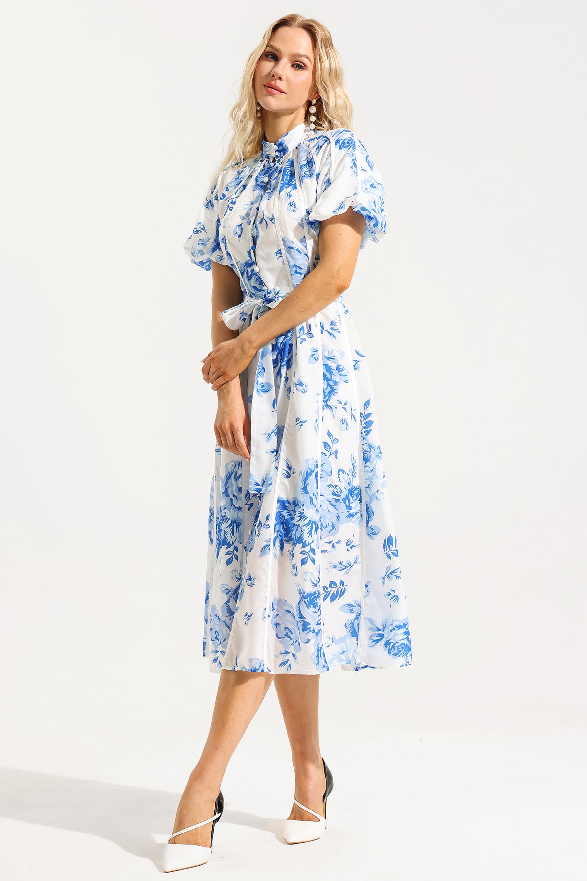 Single Breasted Puff Sleeve Midi Dress With Belt