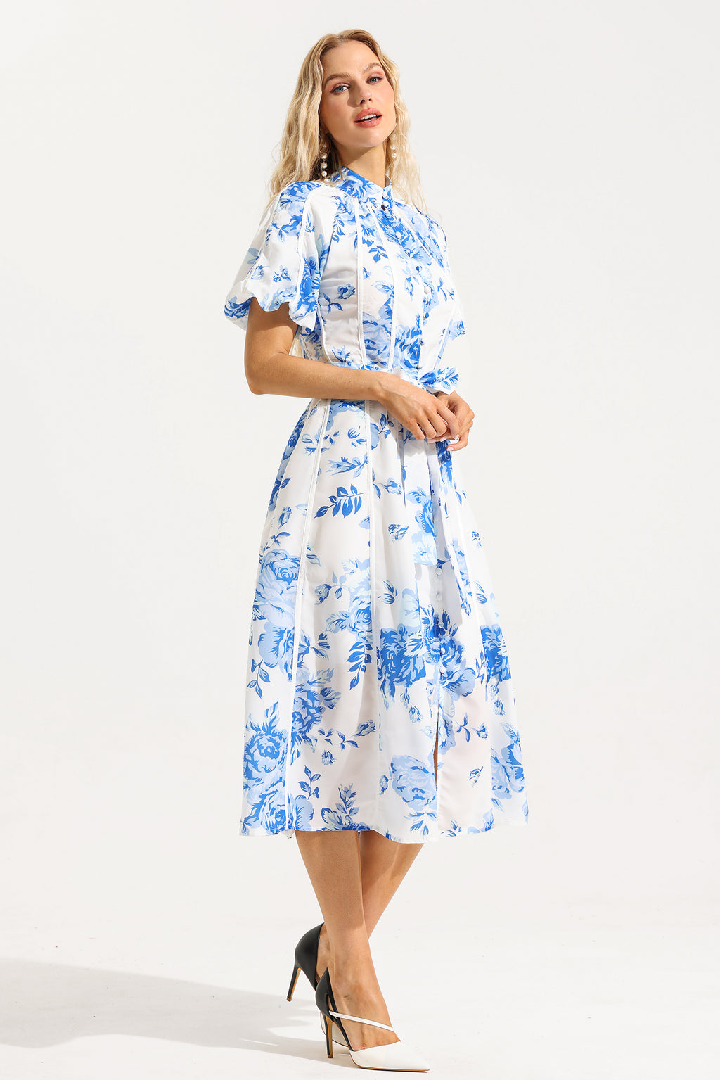 Single Breasted Puff Sleeve Midi Dress With Belt