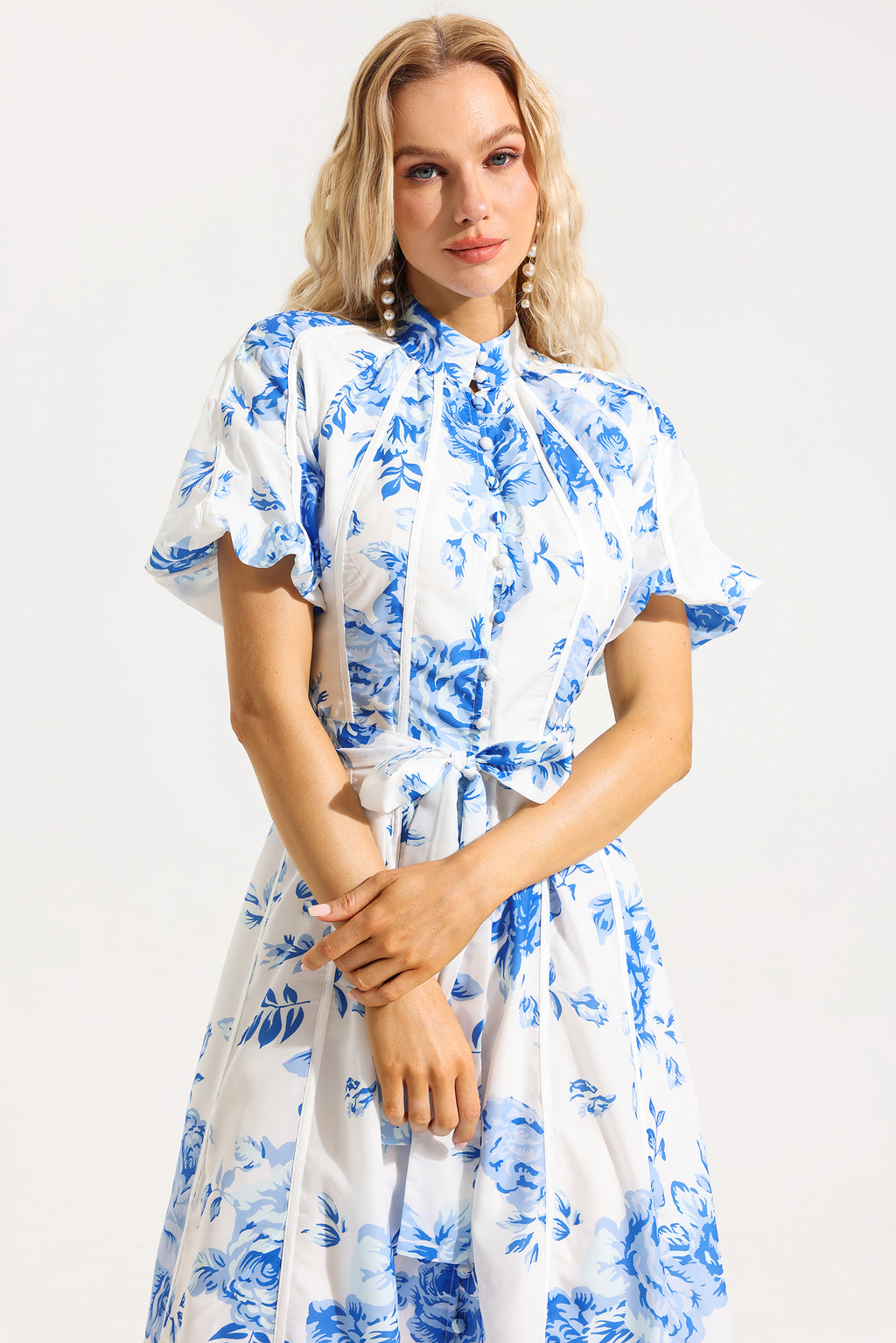 Single Breasted Puff Sleeve Midi Dress With Belt