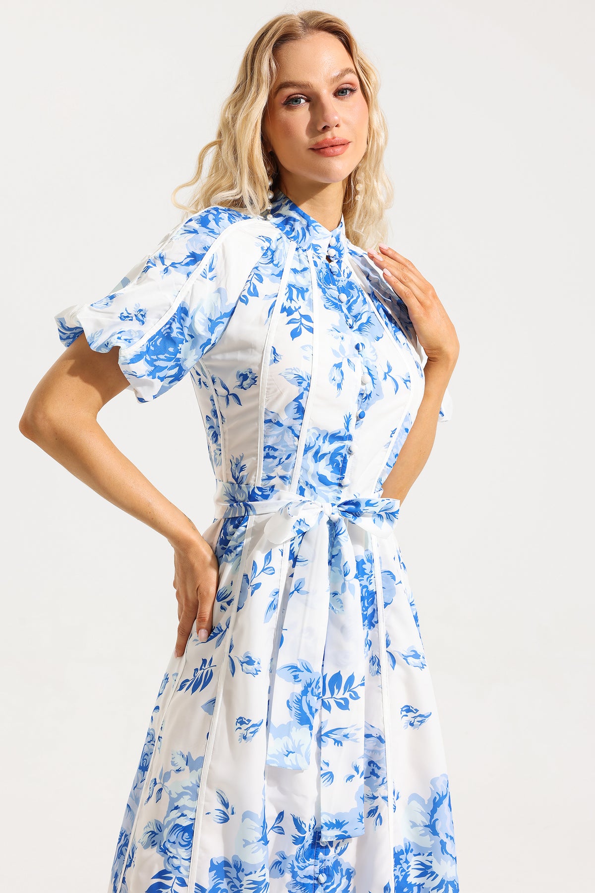 Single Breasted Puff Sleeve Midi Dress With Belt